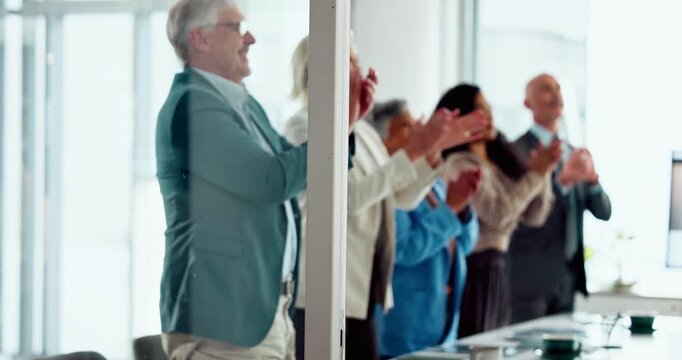 Business, people or panel with applause in meeting for event success, company excellence or praise. Conference, keynote speakers or clapping in corporate training for employee engagement or thank you