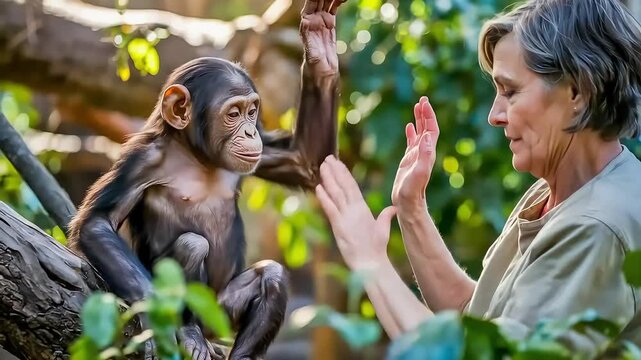 A tender moment between a woman and a baby chimp as they gently touch and share a playful high five in a lush habitat