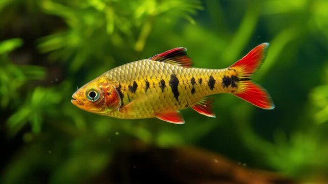 Small Tiger Barb Fish in Freshwater Aquarium with Water Grass Background. AI video
