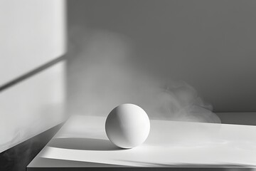 Sphere in Silhouette: A stark, minimalistic still life presents a perfectly spherical form, casting deep shadows that play against an atmospheric haze, all bathed in a serene monochrome palette.