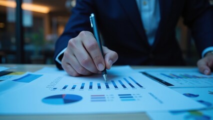 A businessman analyzing graphs and charts while taking notes in a modern office.
