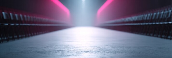 Dimly lit runway whispers stories of avant-garde fashion, neon glows, secretive spaces, and Futuristic Design Day allure