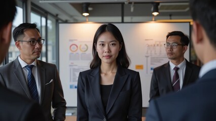 A businesswoman stands confidently in a meeting, surrounded by coworkers discussing ideas.