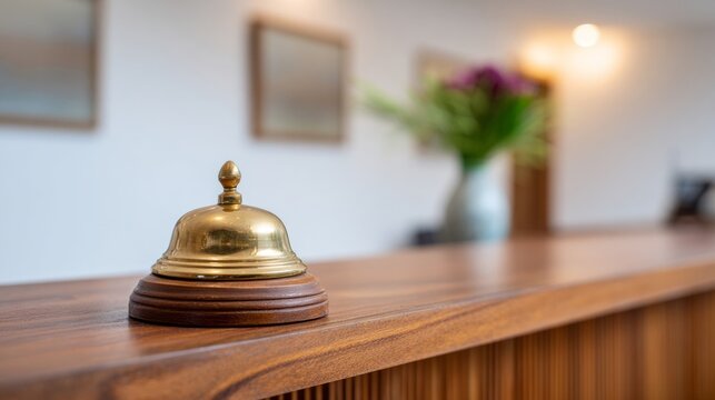 Vintage brass bell on rustic wooden counter, evoking nostalgia, intimate inn vibes, ideal for National Relaxation Day reflections