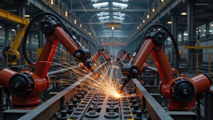 Advanced robotic arms weld components in a modern manufacturing facility.