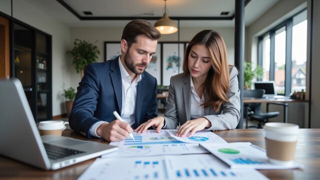 A team of professionals analyzing graphs and reports in a modern office setting.