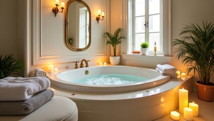 Luxurious spa-like bathtub with candles and plants.