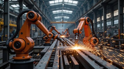 Industrial robots welding and creating sparks in a modern factory setting.