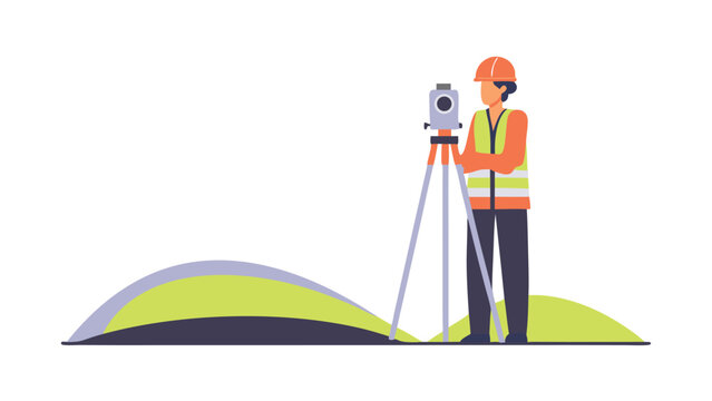 Illustration of a surveyor using a theodolite on a grassy hill wearing safety gear and hard hat outdoors