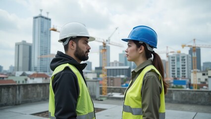 Two construction workers discussing safety measures on a job site.