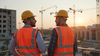 Two construction workers discussing project plans at sunset on a building site.