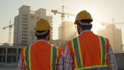Two construction workers observe a building site under the morning sun.