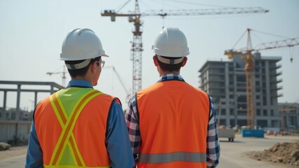 Two construction workers observe building progress at a job site, wearing safety gear.