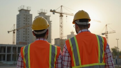 Two construction workers observe ongoing building site operations at sunset.