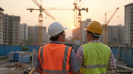 Two construction workers observing a building site at sunset.