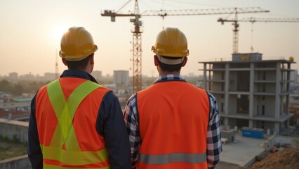 Two construction workers observe a site at sunset, showcasing teamwork and development.