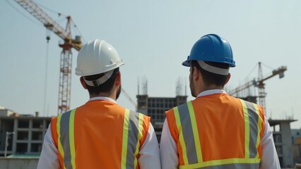 Two construction workers observing a building site with cranes in the background.