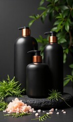 A premium hair care mock-up ad scene with matte black bottles with bronze accents, scattered green herbs and coarse Himalayan salt on black stone.
