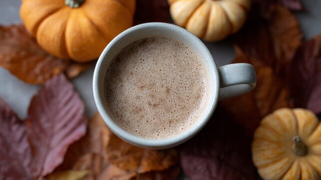 Cozy cinnamon latte amidst rustic autumn leaves and pumpkins, celebrating Samhain whispers and Hygge warmth, seasonal enchantment brews