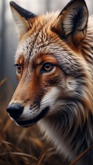 Fototapeta premium Close up portrait of wild fox with sharp amber eyes and detailed fur texture in natural habitat