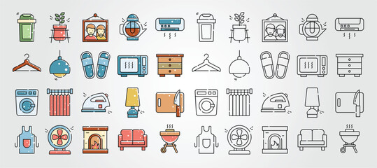 set of Homeware different icons representing various household objects and furniture for your home decor projects.