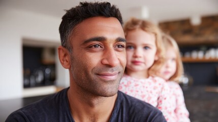 A Middle-Eastern father joyfully embraces daughters, capturing Diwali warmth, familial gratitude during National Siblings Day in rustic kitchen