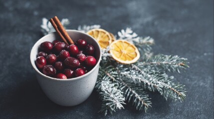 Frost-kissed cranberries with cinnamon, nestled beside evergreen, evoke Yule's mystique and Winter Solstice's whispered traditions