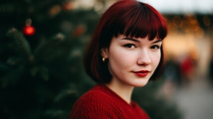 A serene Caucasian woman with vivid red hair stands against a backdrop of twinkling festive lights, evoking Yule and Sinterklaas magic