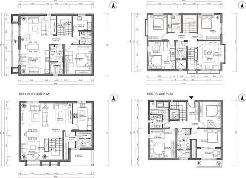 Architectural floor plans of modern apartments with detailed layouts