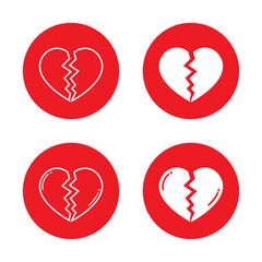Broken heart icon set in red circle. Outline heartbreak symbol. Love breakup and emotional pain concept