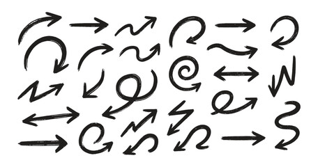 Hand-drawn brush arrow set with various directions and styles, perfect for creative and infographic design elements.