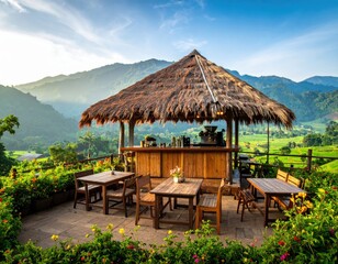 Secluded mountain bar with thatched roof and scenic views
