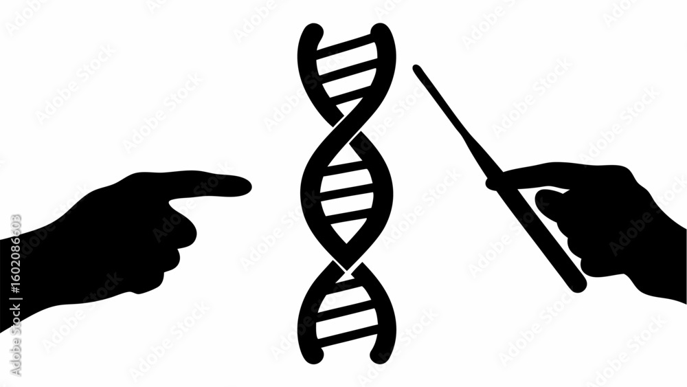 Poster silhouette of hands pointing at a dna strand with one hand holding a pointer on a white background