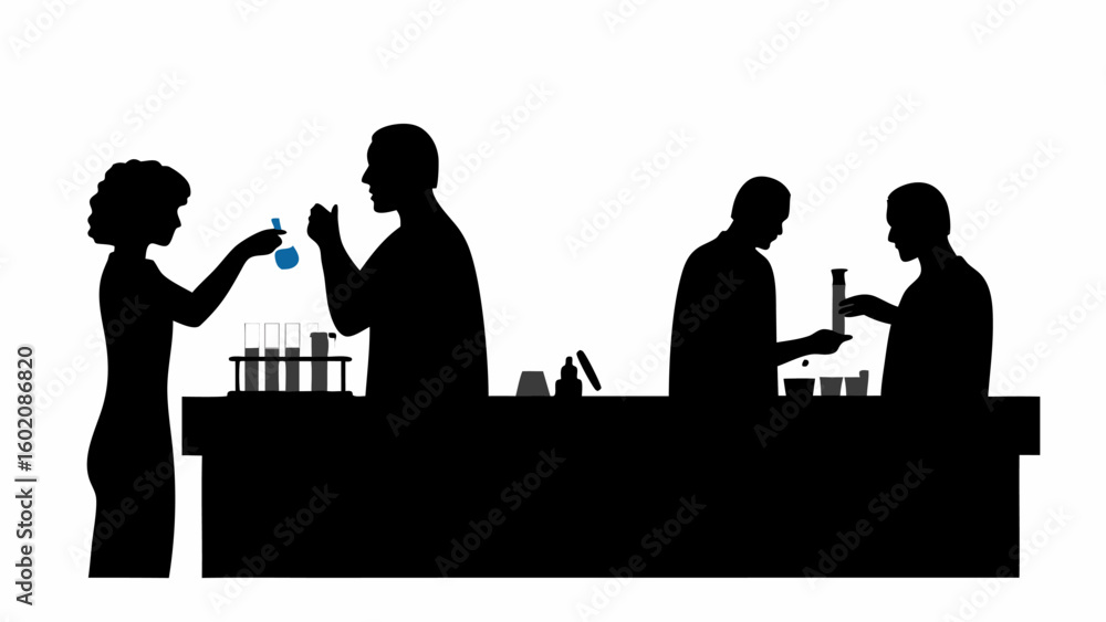Poster silhouette illustration of scientists working in a lab with beakers and test tubes on a laboratory t