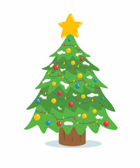 Flat vector illustration of a decorated Christmas tree with star and colorful ornaments.