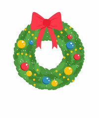 Colorful Christmas wreath with red ribbon and ornaments. Flat vector festive decoration.