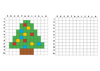 Pixel art Christmas tree worksheet for kids with blank grid for drawing practice.