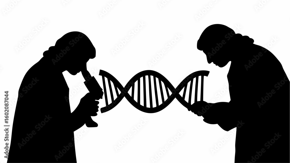 Poster silhouette of two scientists examining a dna strand one using a microscope and the other using a dev