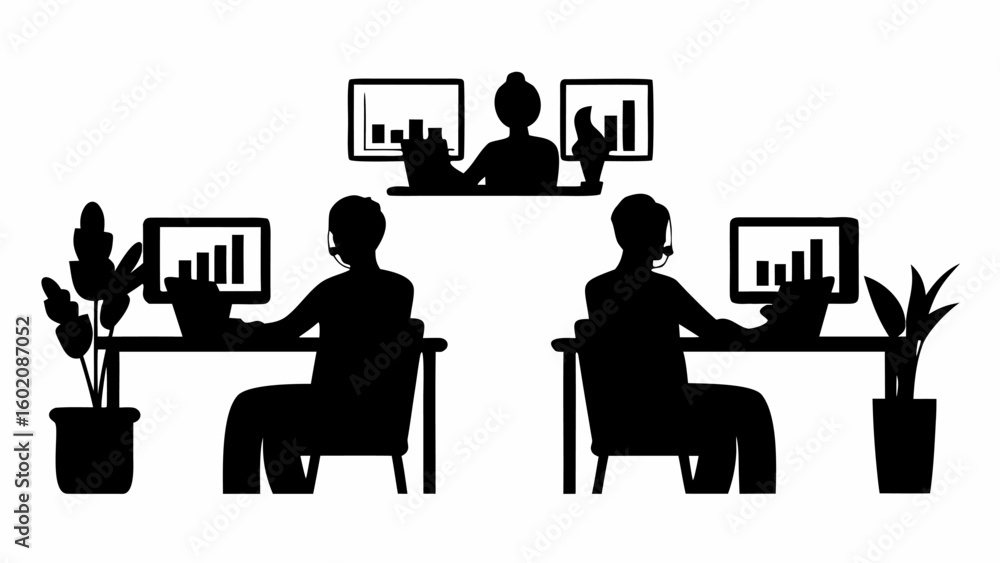 Poster silhouette illustration of three people working at desks with computers displaying graphs and plants
