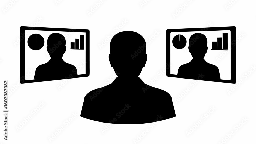 Poster silhouette of person facing forward with two screens displaying graphs and silhouette figures on eit