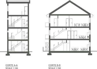 Architectural cross sections of a modern and traditional house