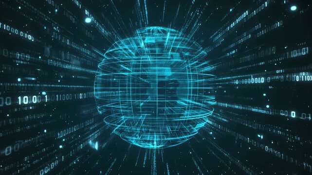 Futuristic Spinning Digital Data Globe Visualization with Blue Binary Code Matrix