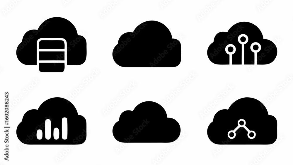 Aufkleber illustration of six cloud icons showing different cloud computing concepts and data storage solution