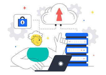 Cloud Computing Illustration Featuring Digital Technology Speed Connection with Database, Statistics, Analytics, Server, Monitoring, and Network
