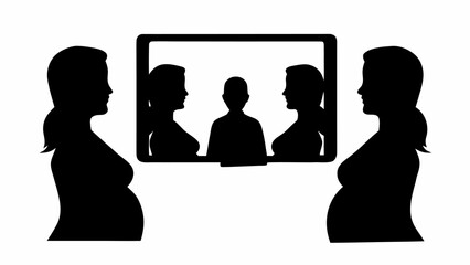 Silhouetted pregnant women flanking a screen showing two women and a person in the middle