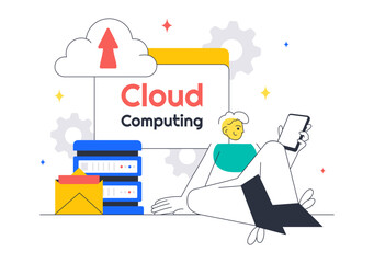 Cloud Computing Illustration Featuring Digital Technology Speed Connection with Database, Statistics, Analytics, Server, Monitoring, and Network