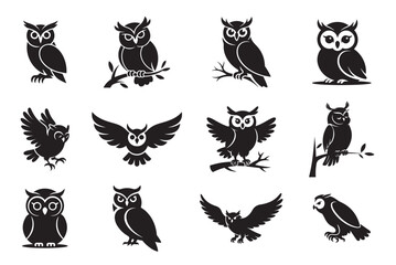 Fototapeta premium cute Owl silhouette, Owl face silhouette, Set of cute owl with different pose vector silhouette Owl silhouettes, Barn cute owl silhouette, Owl silhouettes vector illustration, Owl clip art