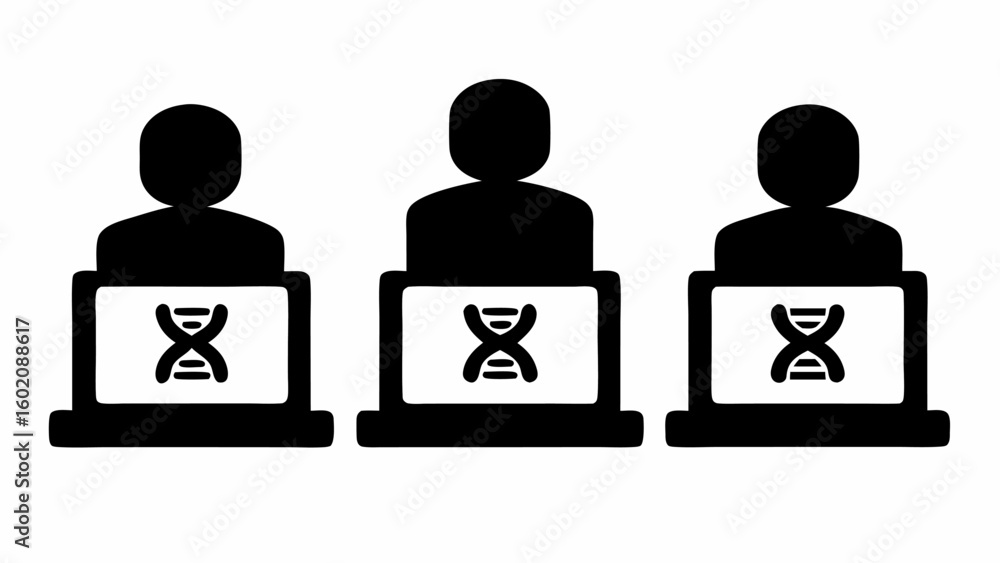 Aufkleber three silhouette figures behind monitors displaying dna helix symbols in a row on a white background