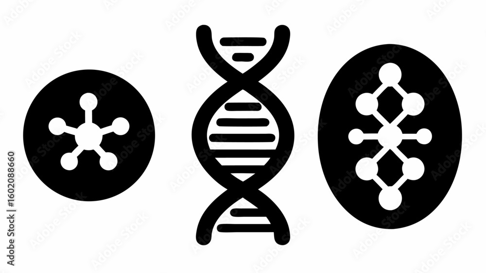 Poster illustration of a dna strand between two molecular structures within circles on a white background d