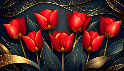 Red Tulips with Gold Frame, and Dark Background.